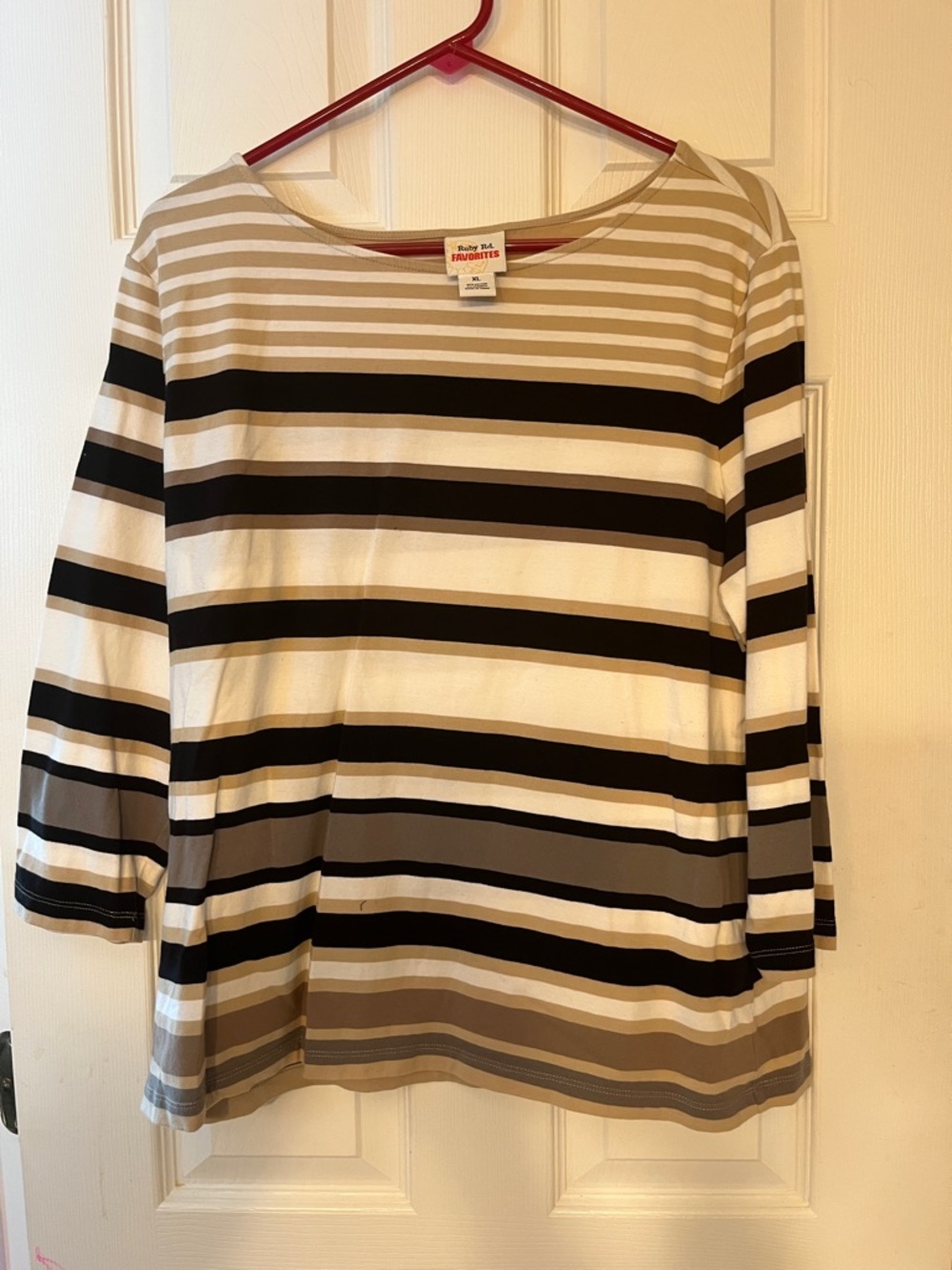 Ruby Rd. Striped Boatneck Long Sleeve Top in Beige, Black & White